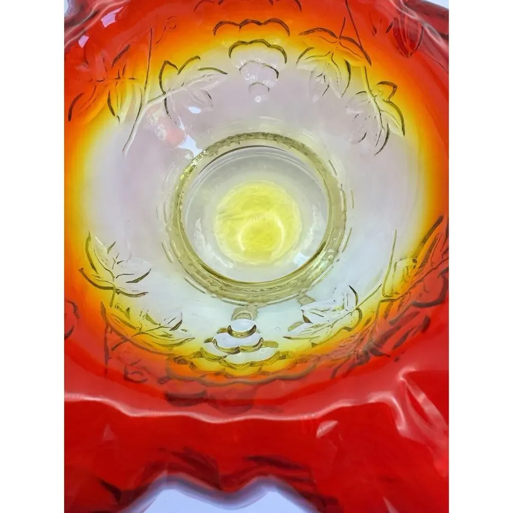 Vintage Amberina Glass Bowl bon bon Grape leaf Design Fluted Ruffled Edges GLOWS